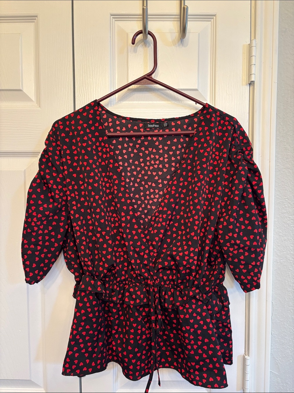 Boohoo Black blouse with Red Heart Print and Drawstring Waist